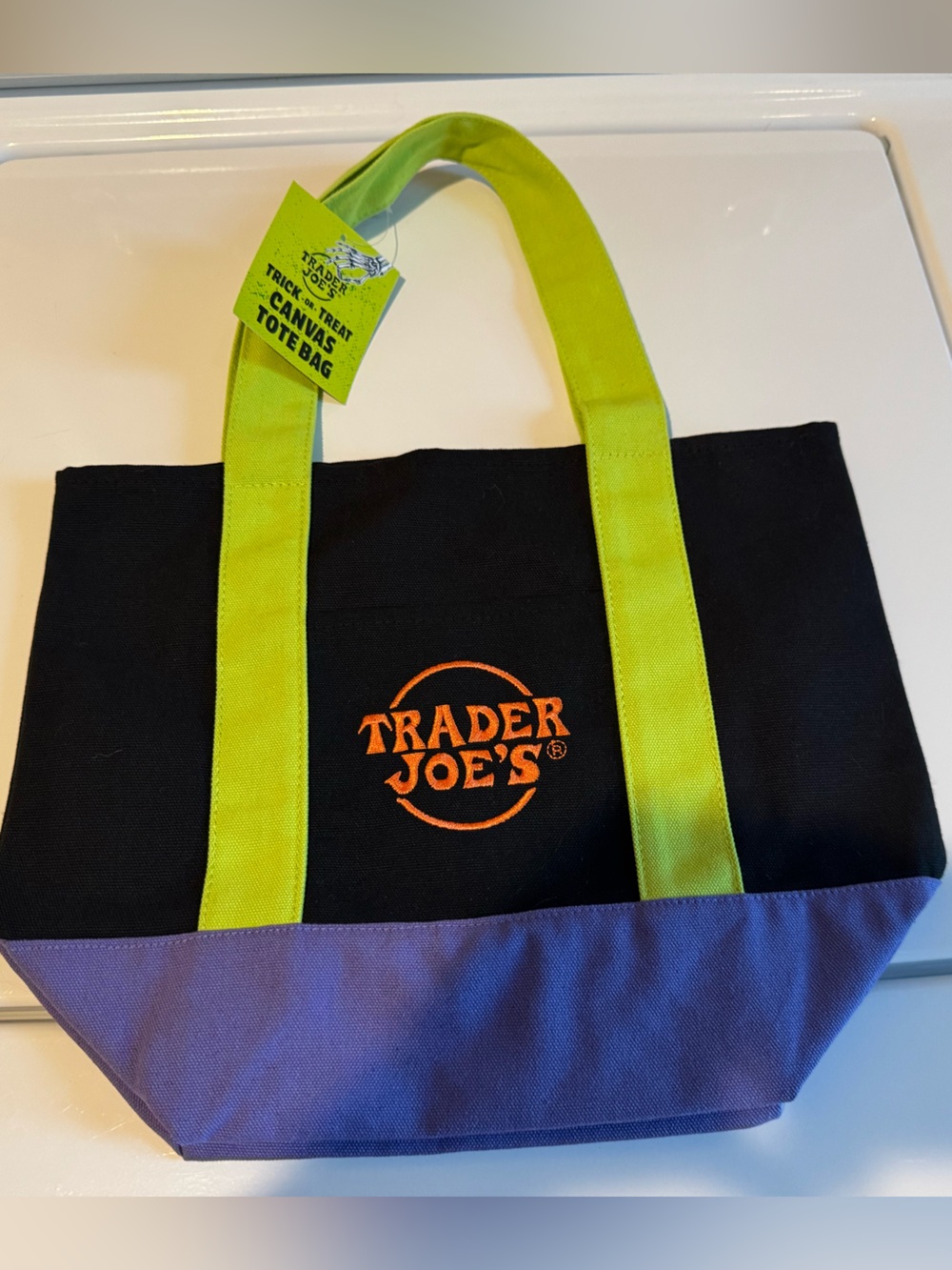 Viral Trader Joe's Black Canvas Tote with Purple Base and Lime Handles NWT